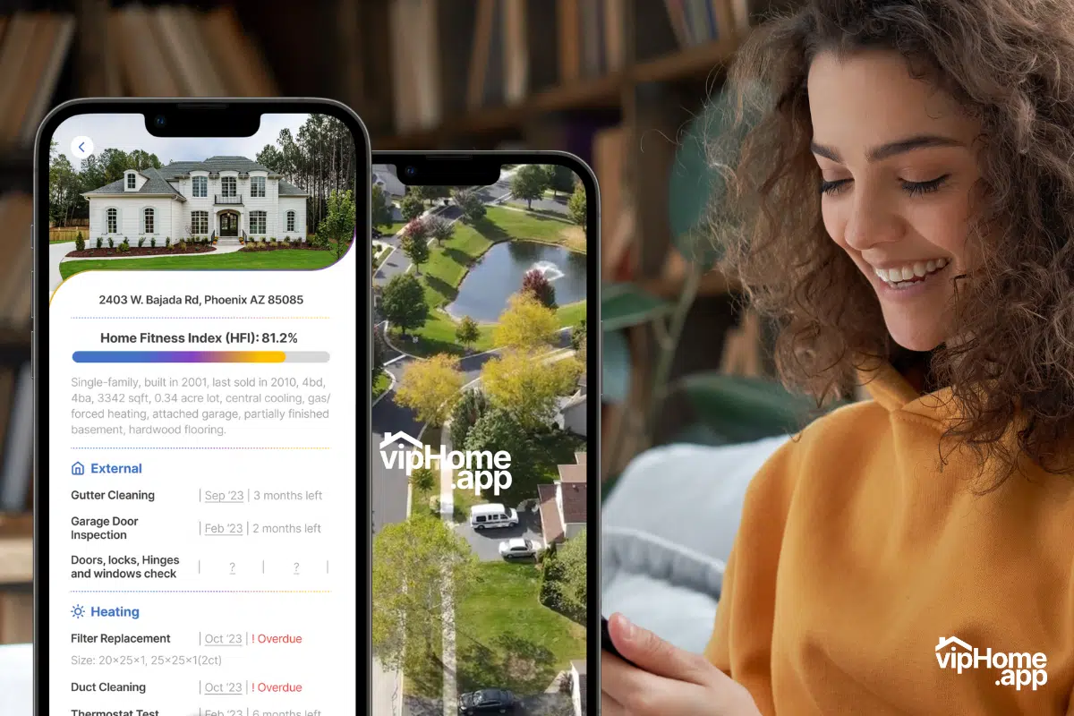 two cellphones with vipHome.app on their screen and a girl on her phone smiling
