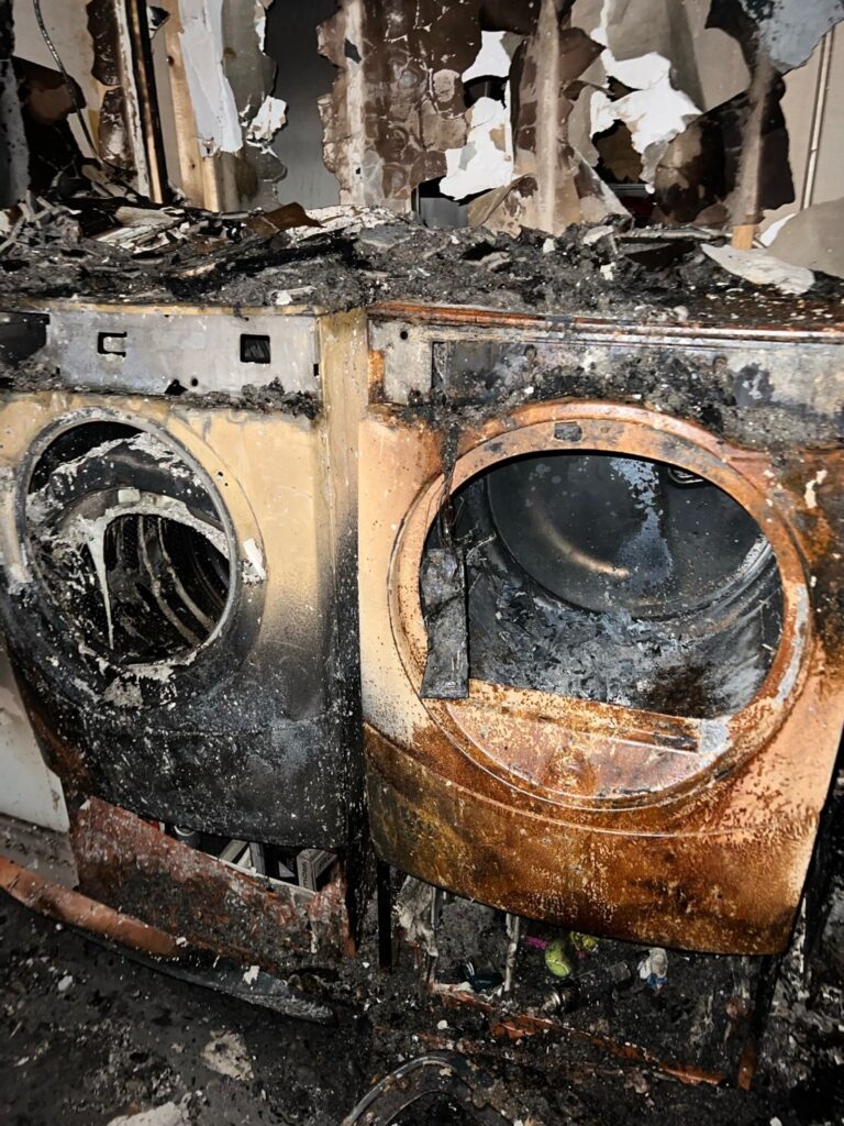 A washer and a dryer destroyed from a lithium-ion battery fire