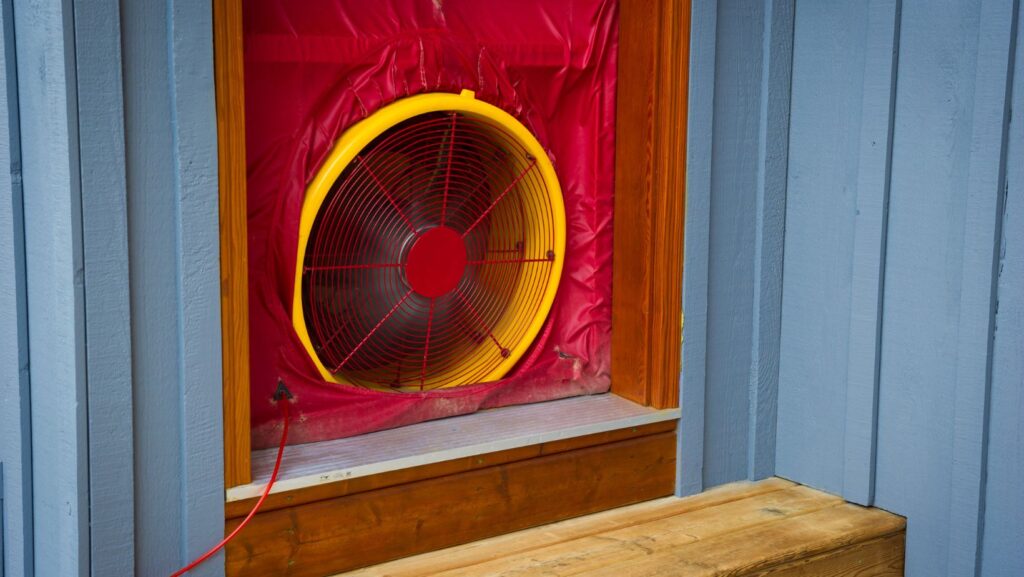 a blower in a door during a home energy audit