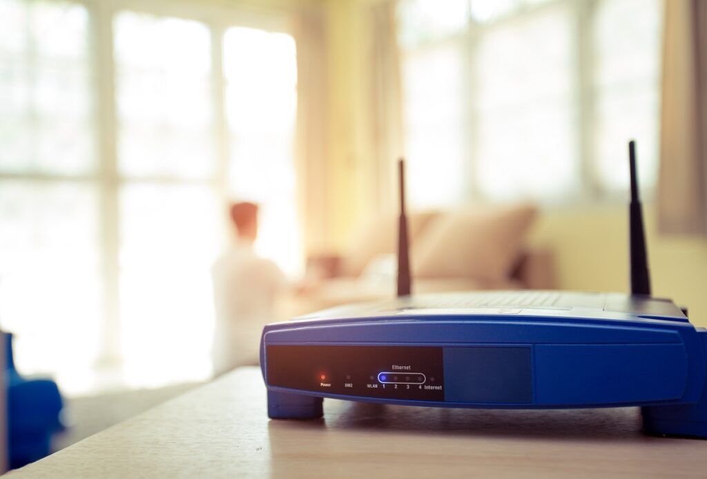 a router on a table in a home