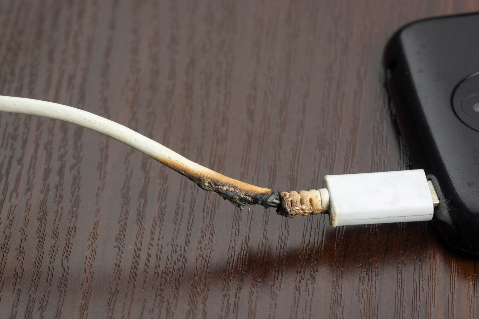 a burned charging cord attached to a cell phone