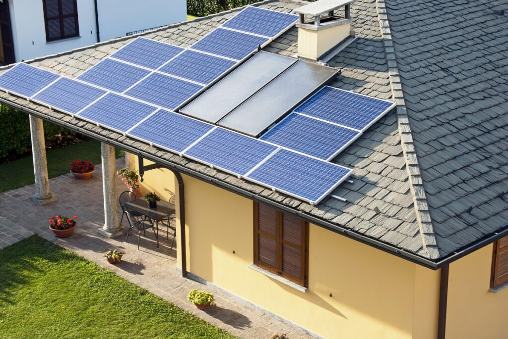 Solar panels on a stucco house