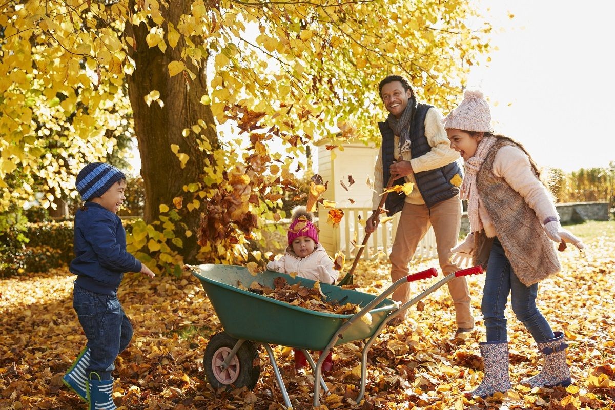 family raking leaves - fall lawn care important tips