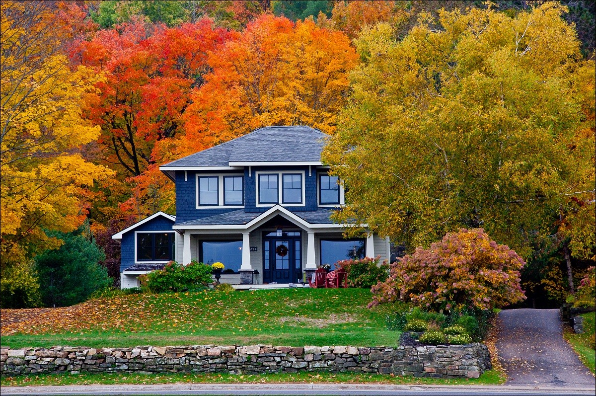 a large house in autumn woods