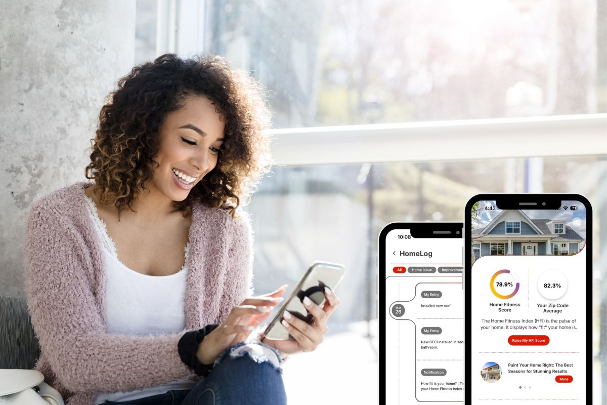 A woman looking at her phone and smiling next to two screensshots with the vipHome.app up on it