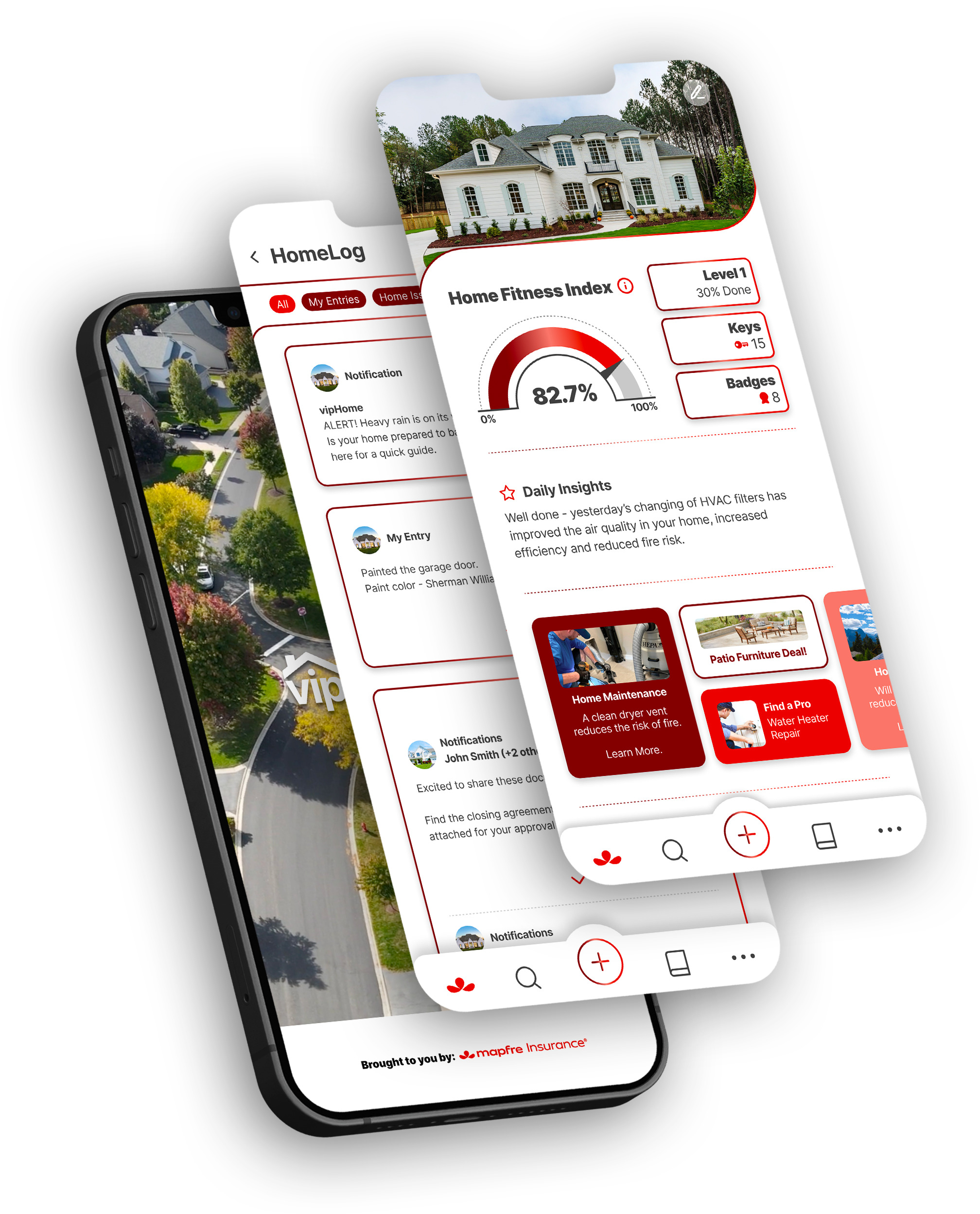 3 phones stacked, showing the vipHome.app with Mapfre branding