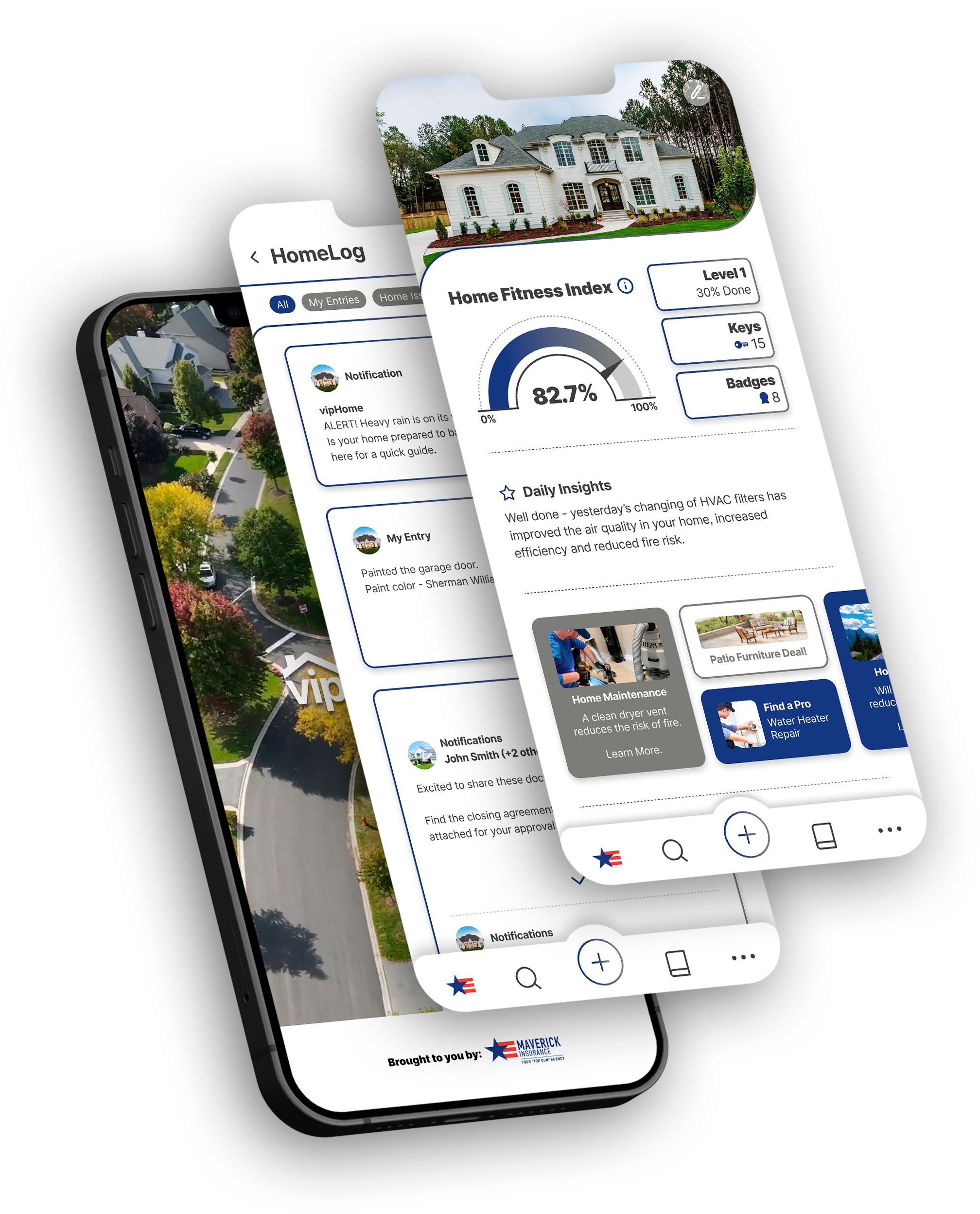 Branded vipHome.app app on stacked phones for Maverick Insurance